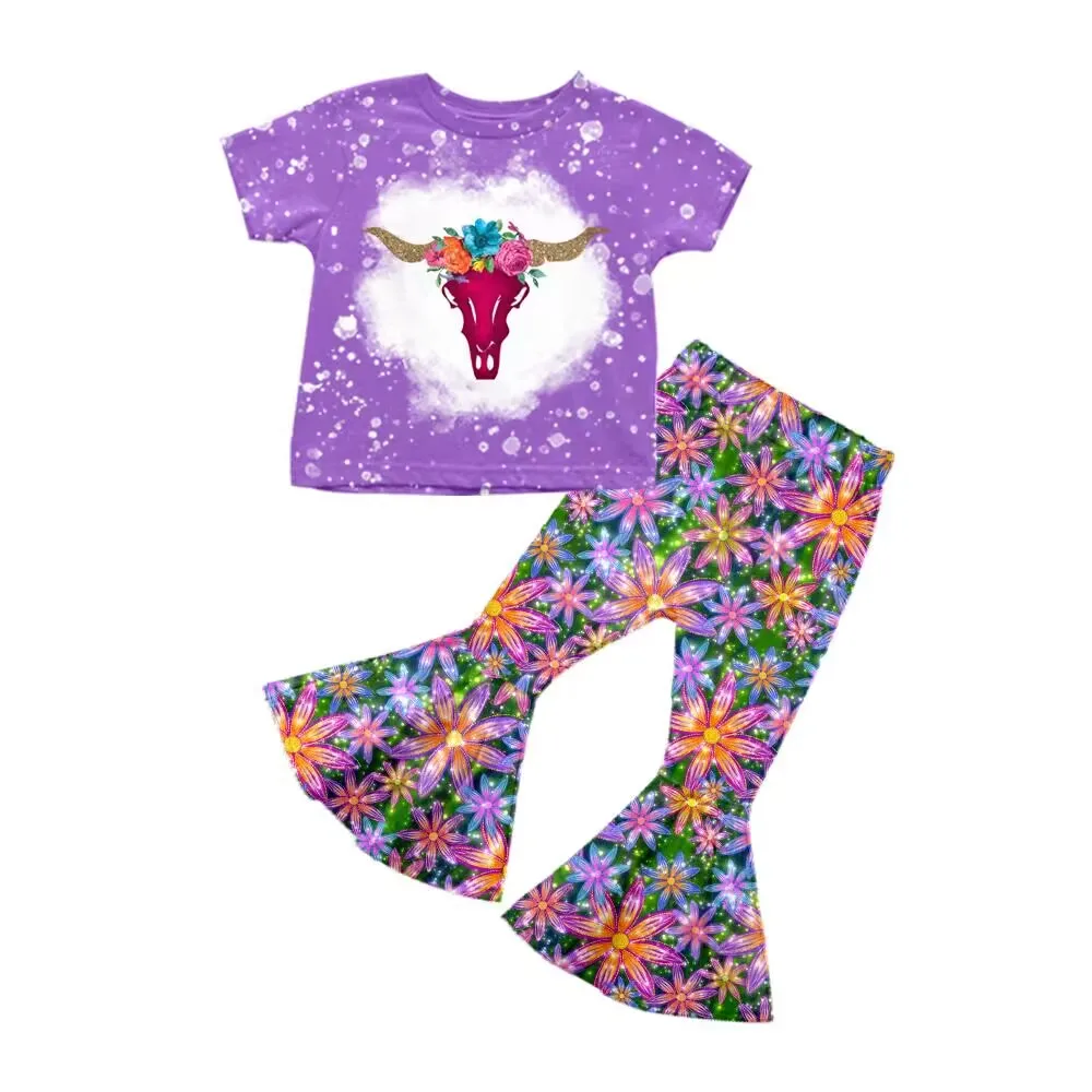 

Wholesale Girls Dresses Western cow skull top Purple flowers bell pants girls clothes set