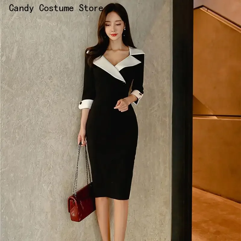 

Women New Notched Neck Black Sheath Pencil Dress Fashion Slim Sexy OL Work Bodycon Dresses Office Business Vestidos