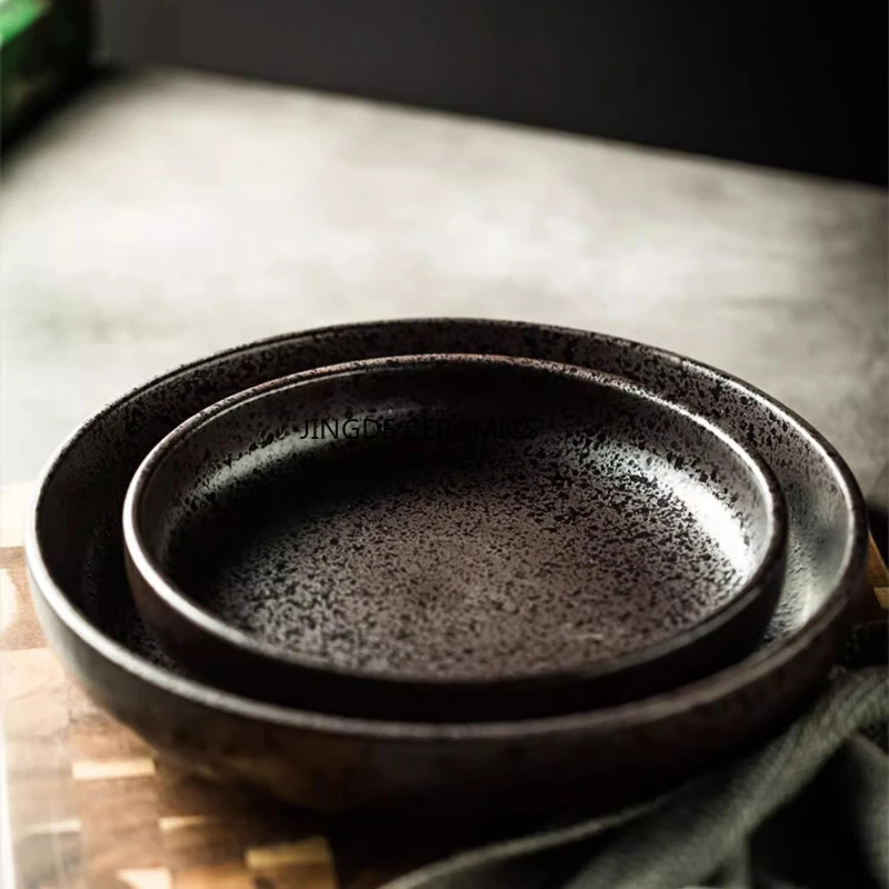 1pc Retro Round Sushi Plate, Japanese Ceramic Plate, Western