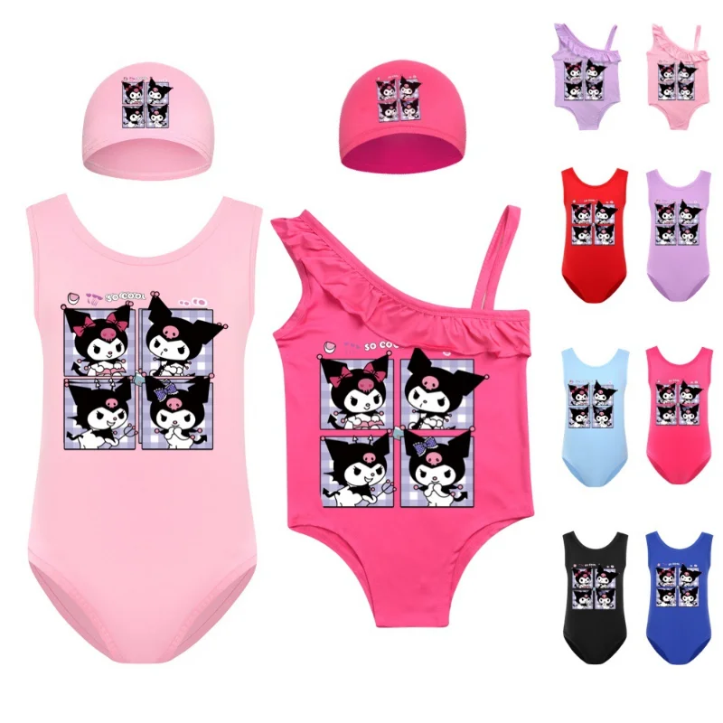 2Pcs Anime Kuromi Swimwear Kids One Piece Beach Wear Bambini Baby Cute Backless Swimming Toddler Girls Cartoon Costume Da Bagno + Cap