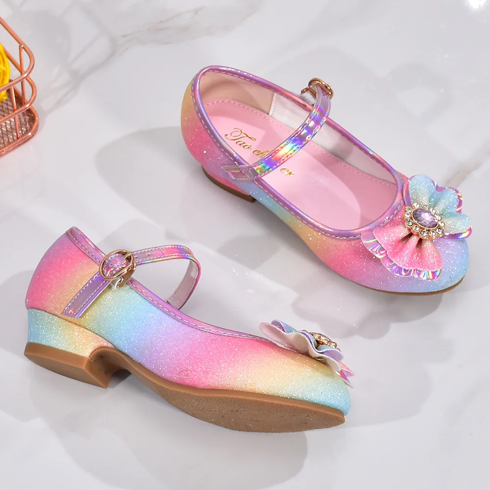 zapatos ni&ntilde;a 23 Girl Shoes Leather Shoes Rainbow for Girls Sequins Female Princess Performance Kid leather shoes girls shoes