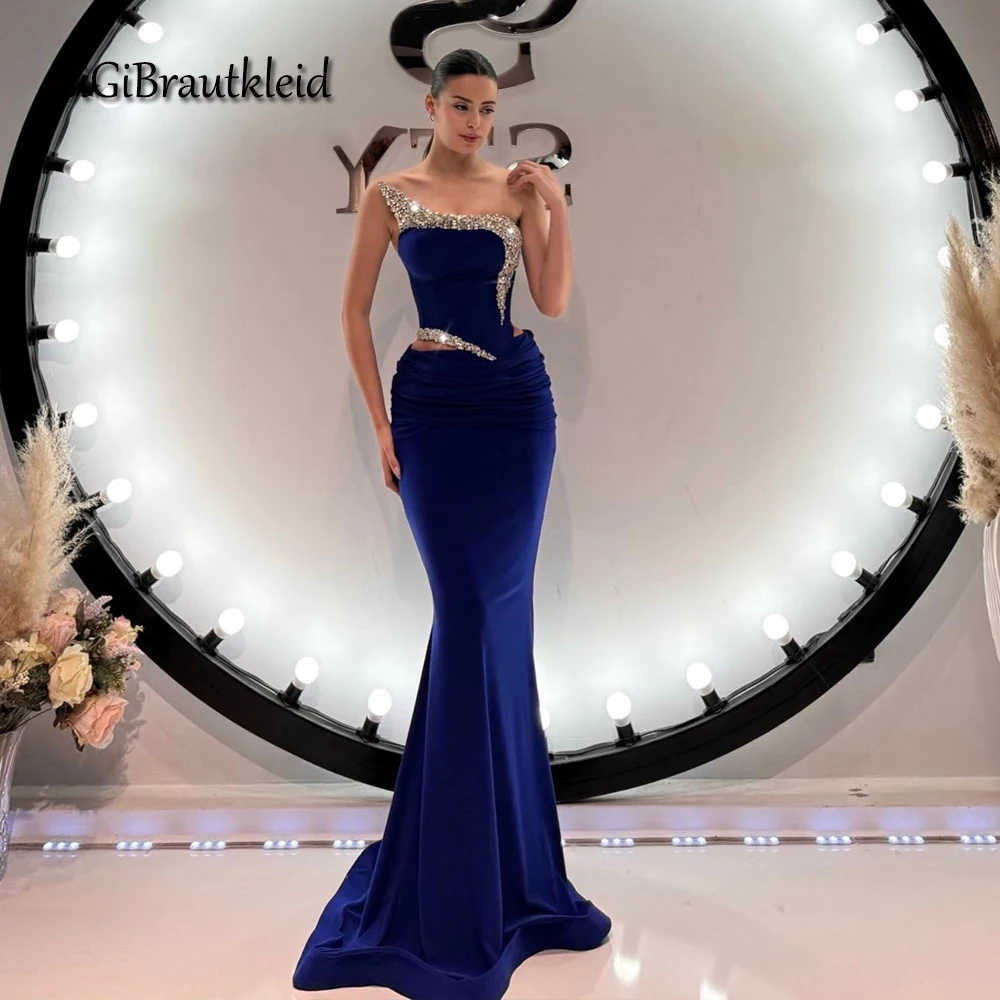 GiGiBraut Women Satin Occasion Dresses Mermaid Pleated Crystals One Shoulder Prom Gowns Robes De Soiree Customized cocktail dress evening dresses
