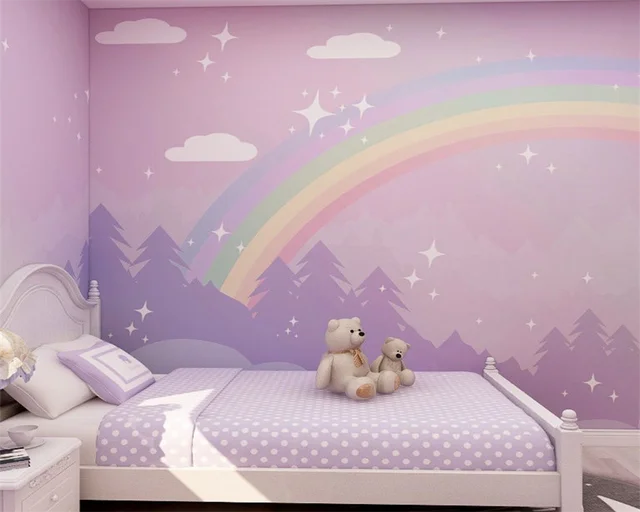 Custom Cartoon Childrens Room Purple Clouds Rainbow Girl Bedroom Princess Room Background Wallpaper