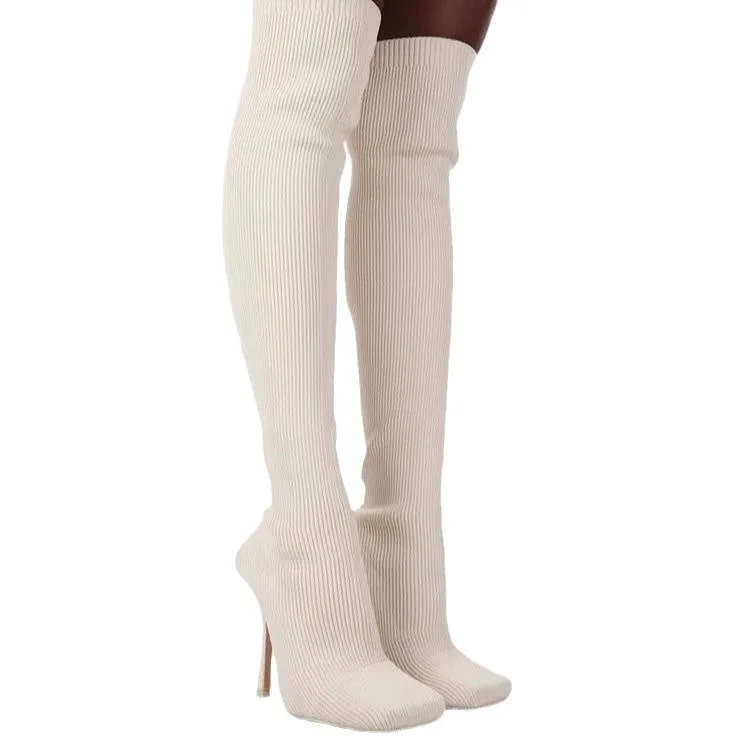 Factory Stock Women Knee High Boots Pink Long Stretch Boots For Women Shoes Platform Block Heels For Women's Thigh High Boots