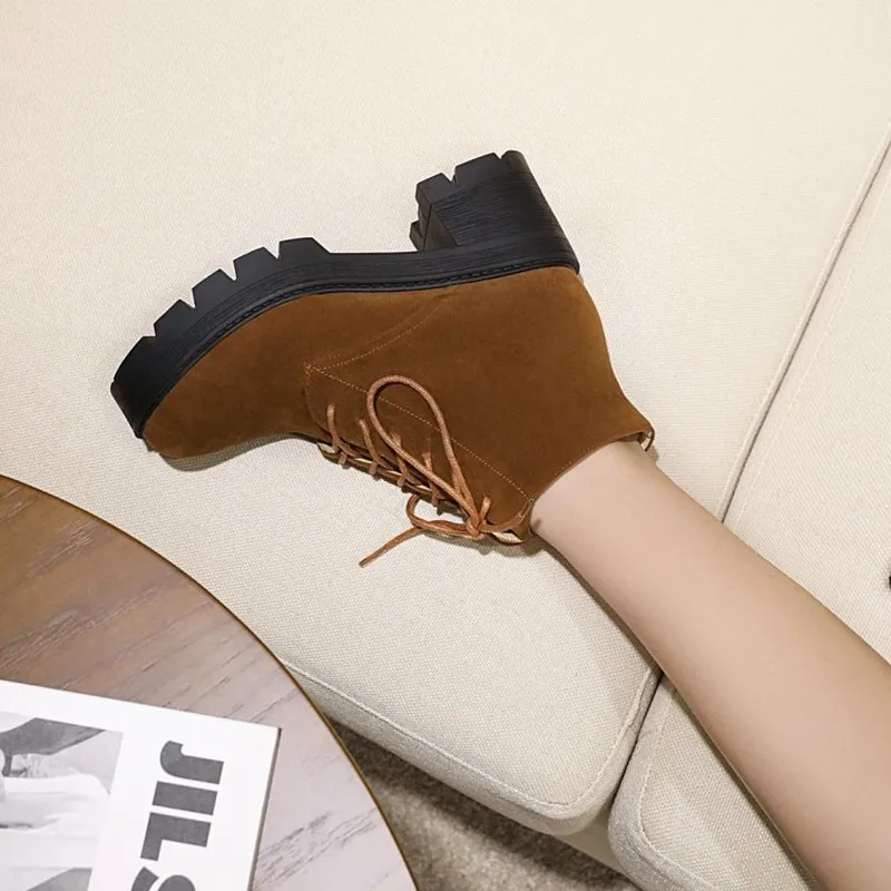 winter The New fashion British style Lace boots black ArmyGreen brown Round head Handsome High heels Women boots