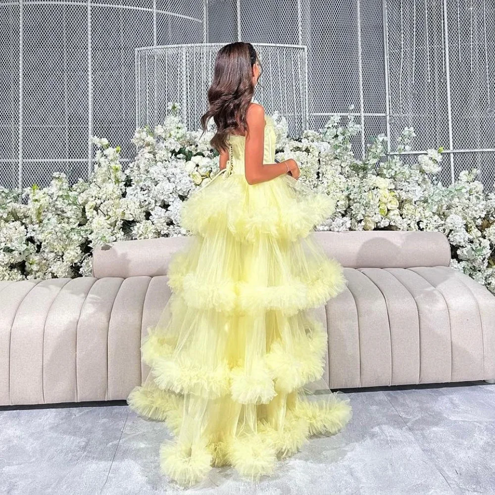 

Elegant A Line Prom Dress 2024 Yellow Long Evening Party Gown Tulle Layers Pleats Strapless Saudi Arabia Woman Formal Holiday