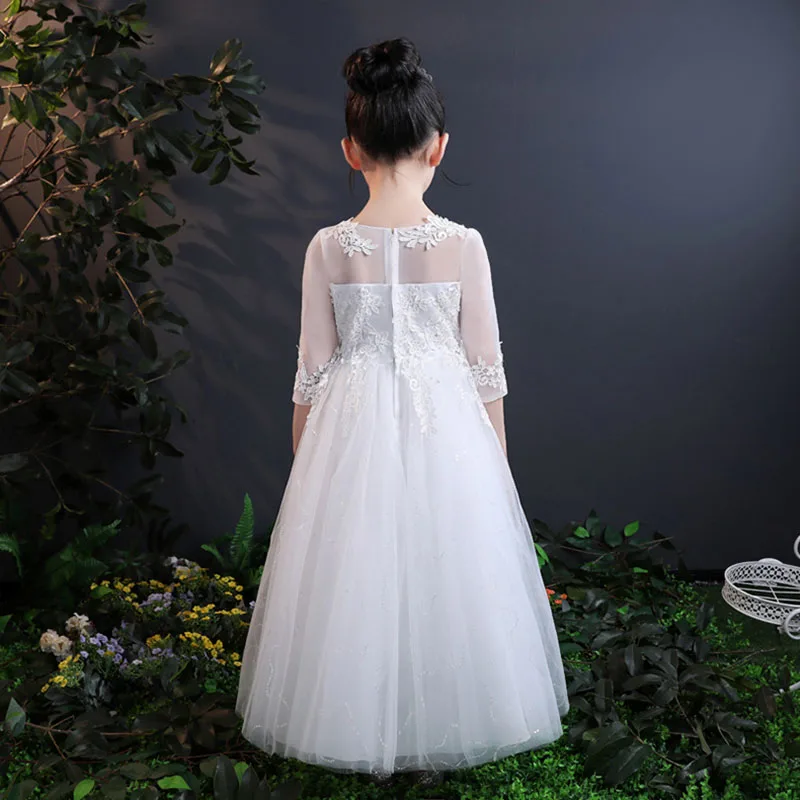 Baby Girls Lace Embroidery Dress Kids White Wedding High-end Dress Flower Long Party Princess Girls Clothes