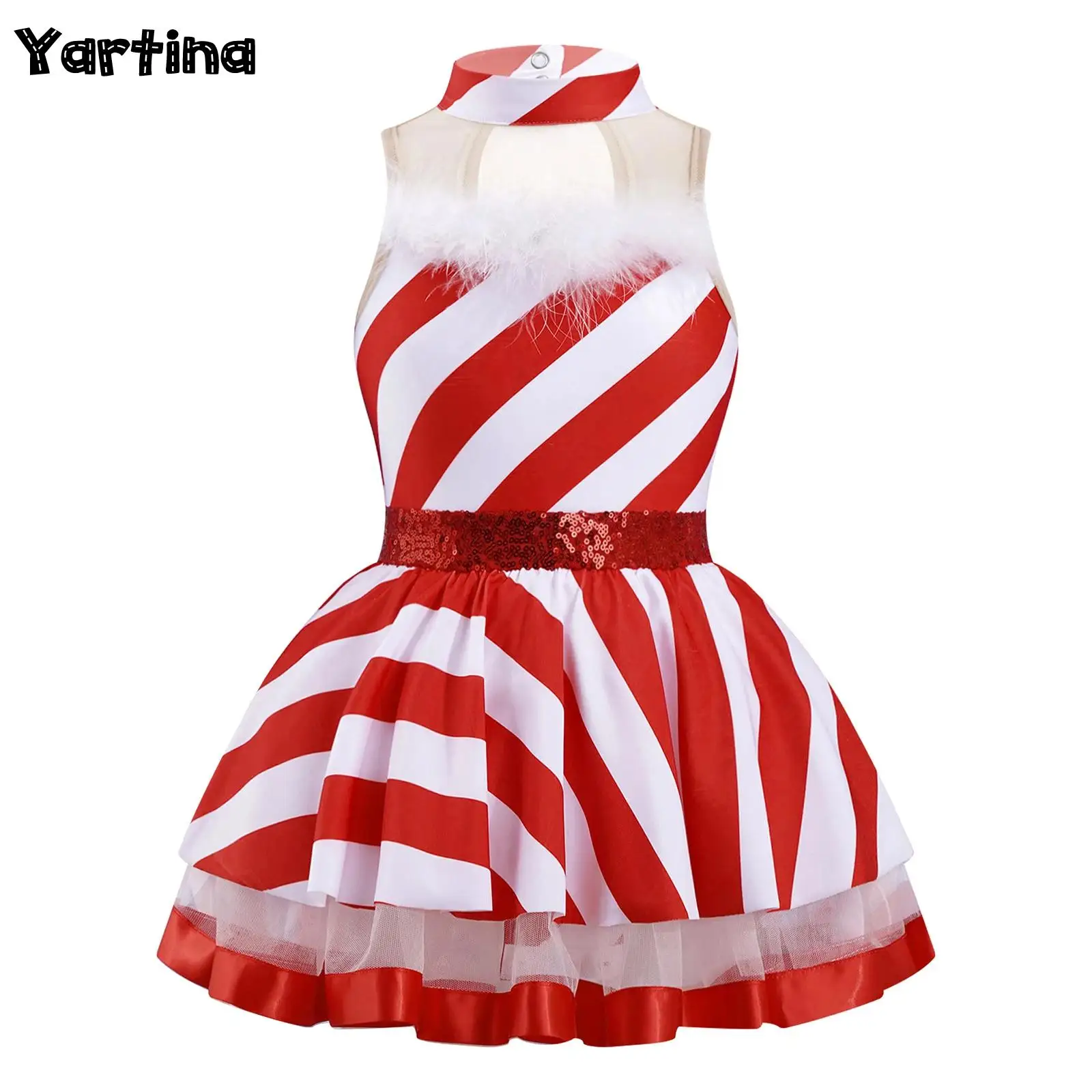 

Kids Girls Santa Claus Xmas Christmas Costume New Year Party Cosplay Outfits Sleeveless Keyhole Back Mesh Stripes Print Dress