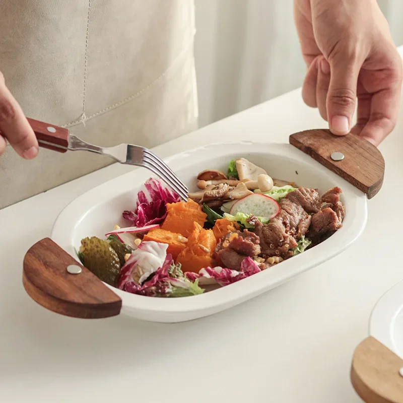 Acacia Wood Salad Bowl, Oval Ceramic Plate, Single-Serve Tableware, Fruit Bowl for Home, Exquisite Kitchen Tableware