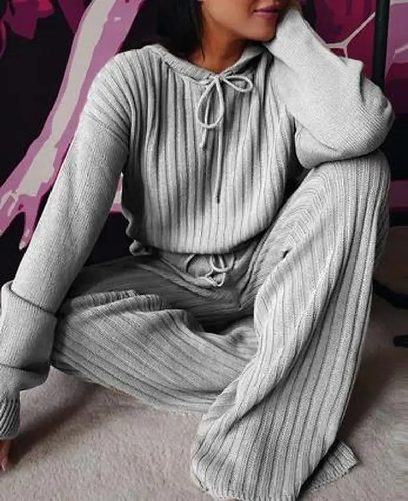 Knitted One-piece Banknote Long-sleeved Hooded Top High Waist Wide-leg Pants Suit 2022 Spring Ladies Autumn Winter Casual Wear