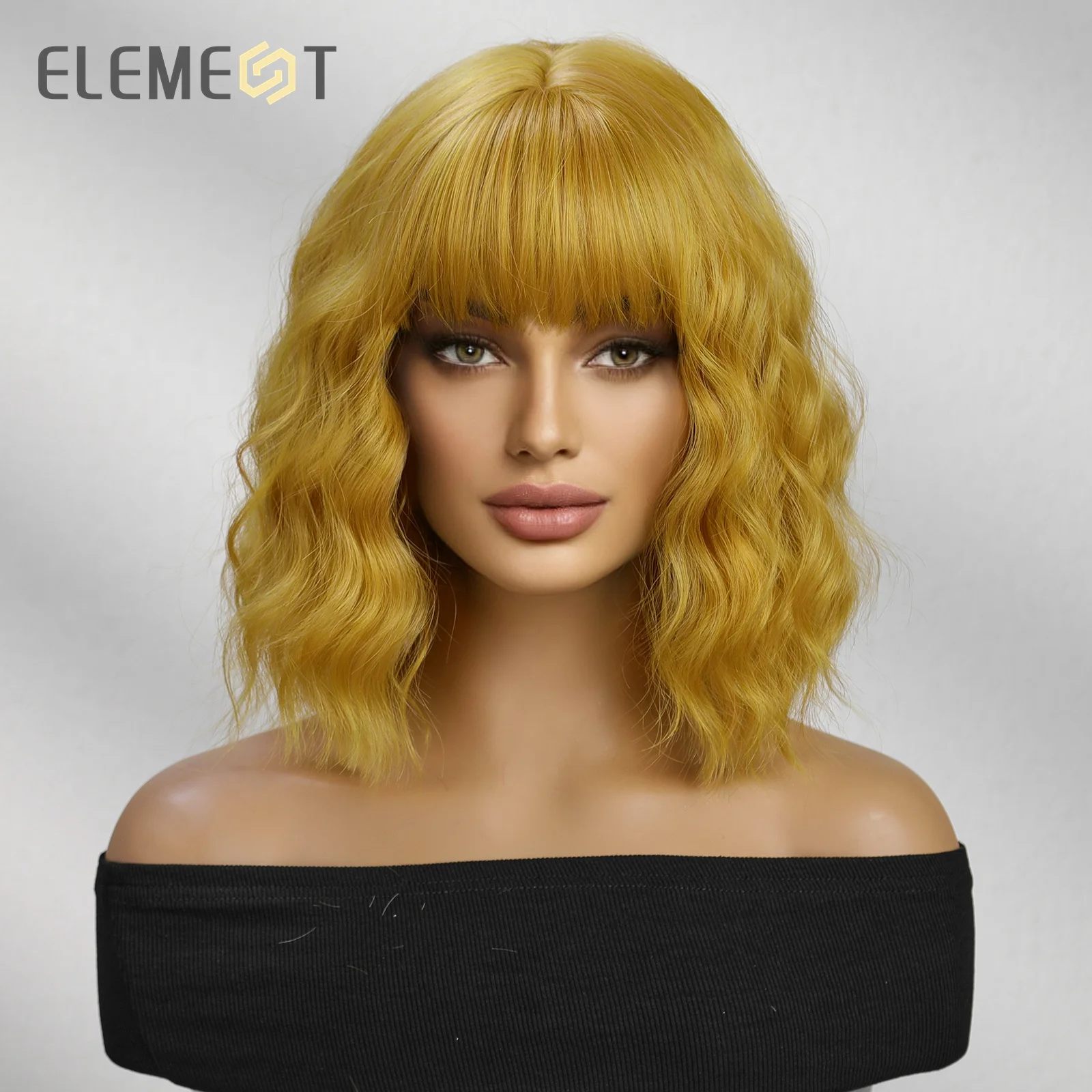 Element 여성용 짧은 바디 곱슬 합성 밥 가발, 앞머리 포함, 생강 노란색 머리 가발, 데일리 파티 코스프레, 내열성