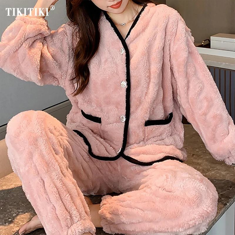 

Зимние теплые фланелевые пижамные комплекты, женские пижамные комплекты, пижамы, брюки с длинным рукавом, милые мягкие женские пижамы, пижама женская зимняя