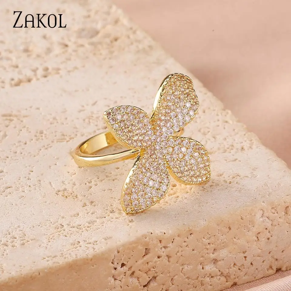 ZAKOL Creative Personalized Petal Design For Women's Zircon Ring Copper Micro-set Fashion Temperament Jewelry Accessories Female 6