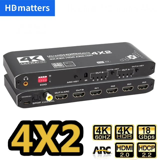 4K 60Hz HDMI Matrix 4x2 with Optical & 3.5mm Stereo Audio Out HDMI Matrix Switcher Splitter 4 In 2 Out Support ARC HDCP 2.2 EDID