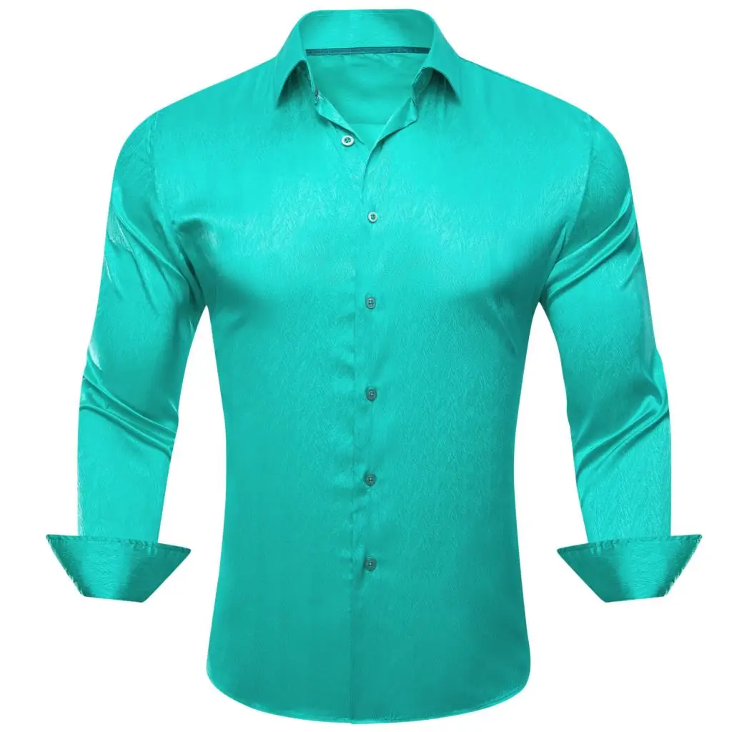 

Shirts for Men Silk Satin Green Turquoise Solid Plain Long Sleeve Slim Male Blouse Casual Formal Tops Breathable Barry Wang