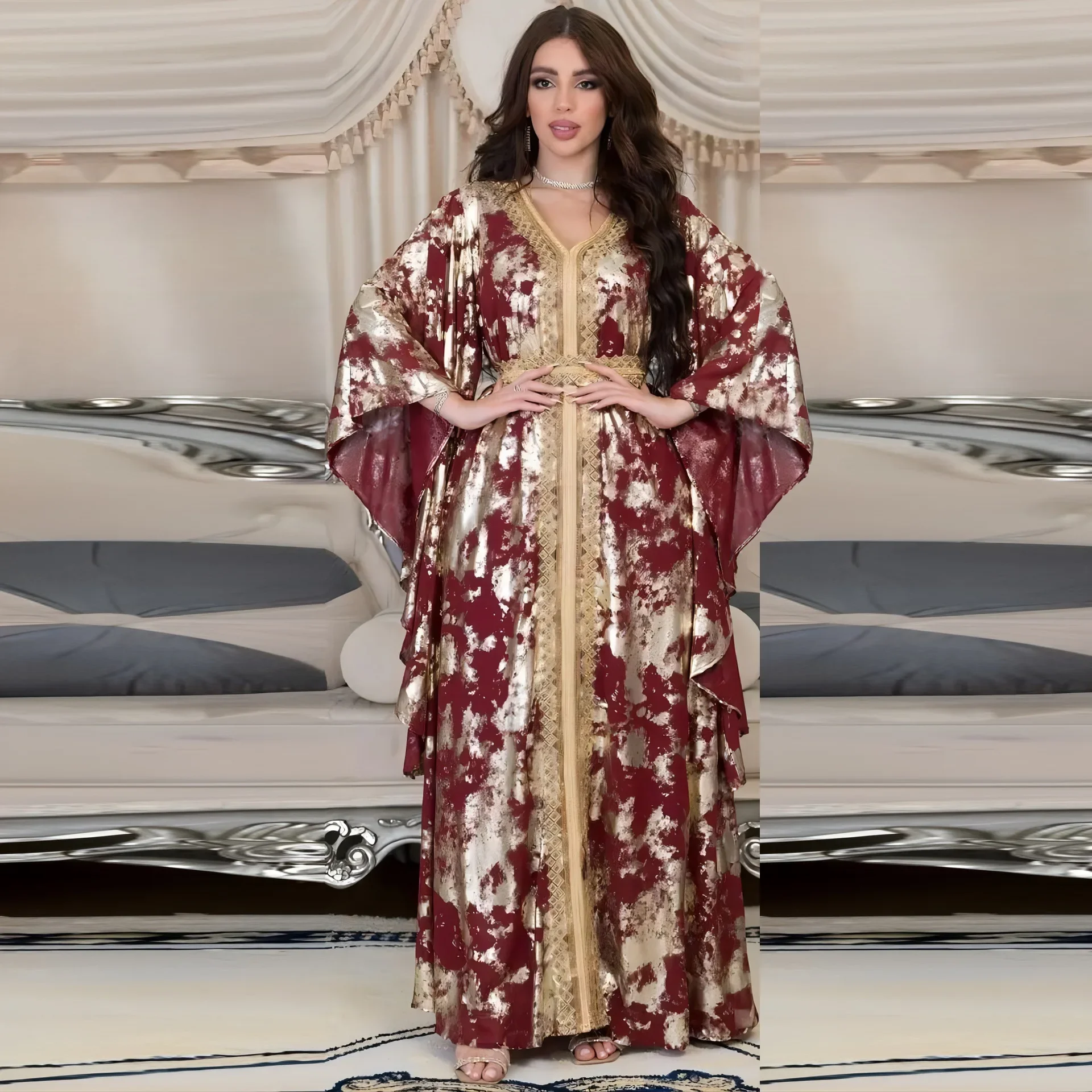 Caftan Belt Muslim Dress for Women Abaya Dubai Luxury Chiffon Bronzing Morocco Party Long Dresses Islamic Kaftan Robe Vestidos