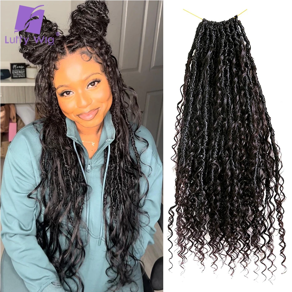 Locs With Human Hair Curls Crochet Boho Goddess DreadLoc Knotless Braid Pre Looped Synthetic Boho Braiding Hair Curly Ends Luffy