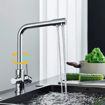 Chrome/brushed kitchen faucet, double handle, hot and cold drinking water, three-pass filtered purified water mixing faucet