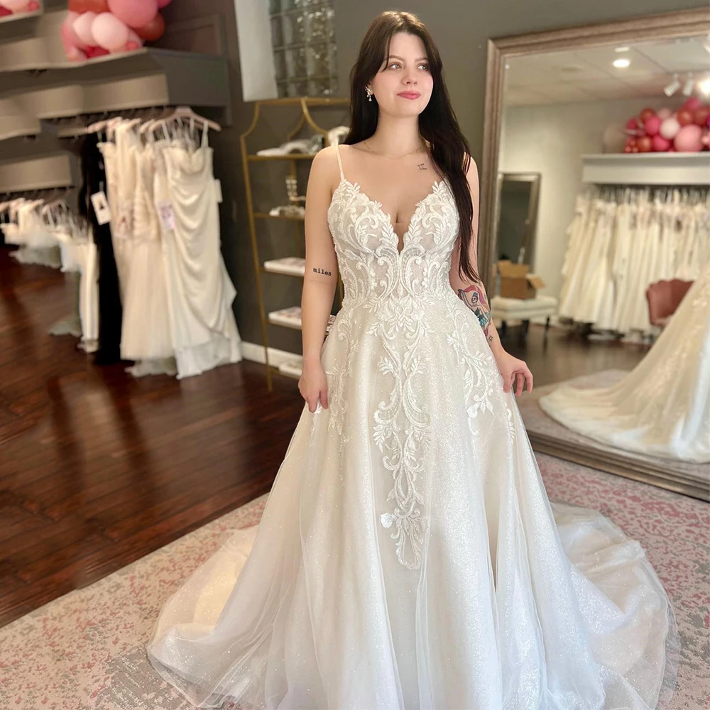 

Romantic Wedding Dresses for Women Sexy V Neck A-line Lace Spaghetti Strap Bride Gown Backless Illusion vestidos de novia