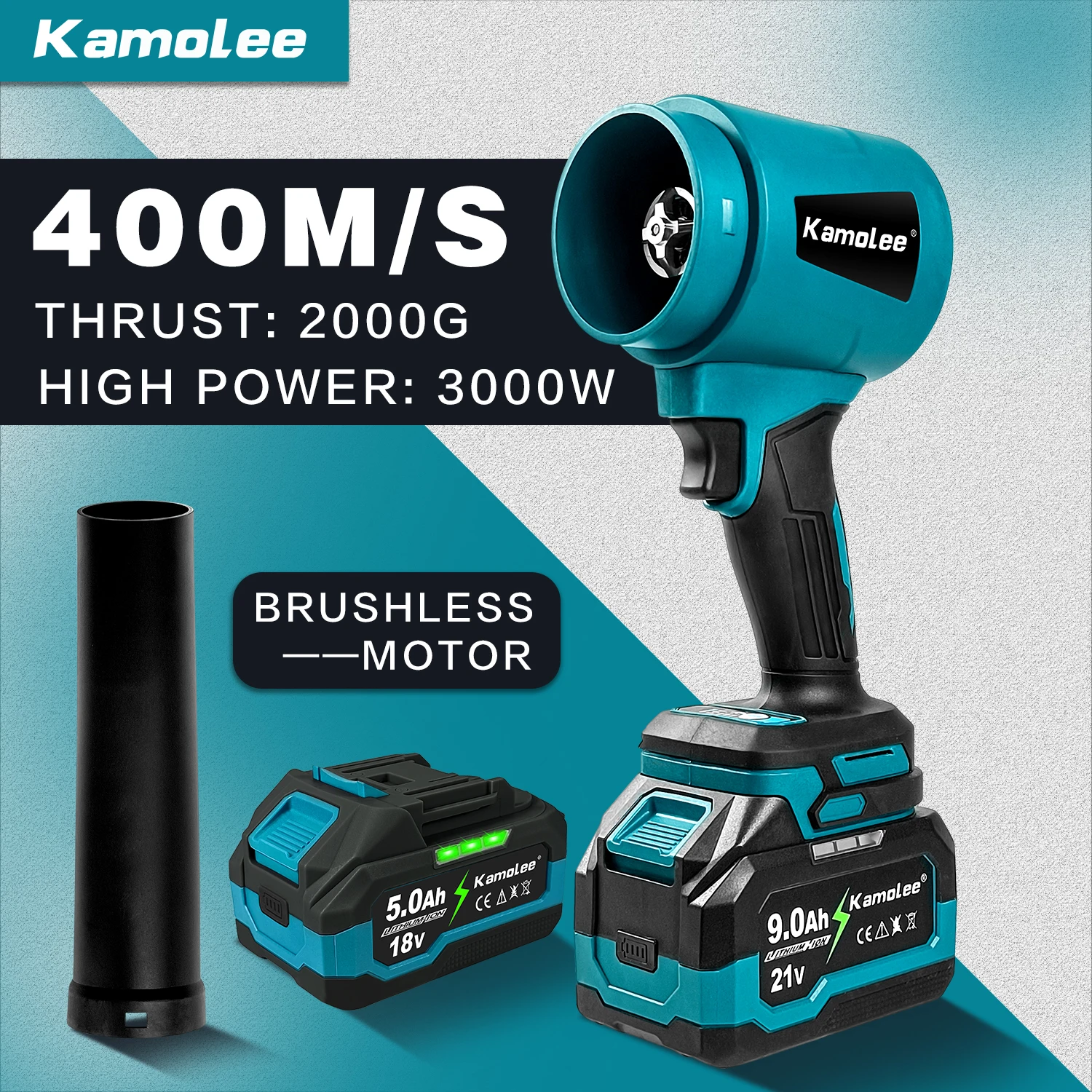 KAMOLEE Turbo Jet Fan Electric Blower, 400M S 3000W High Power Cordless Powerful Handheld Electric Hair Dryer Power Tools Compatible 21V Battery