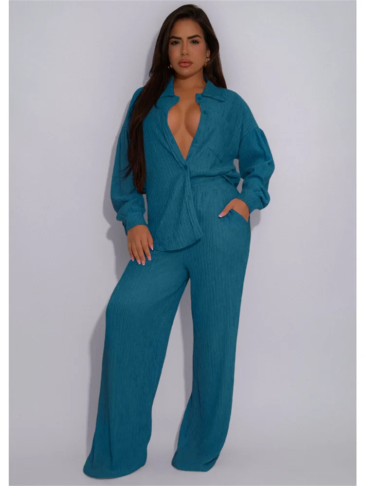 Wmstar Two Piece Sets Women Wholesale Long Sleeve Elastic Multi Pocket Swing Leg Pants Wide Leg Pants Set Fall Matching Suit