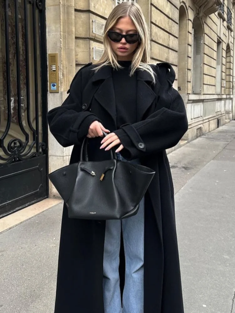 Elegant With Belt Black Long Coat For Women Oversize Woolen Double Button Lapel Overcoat Autumn New Lady High Street Outerwear 3