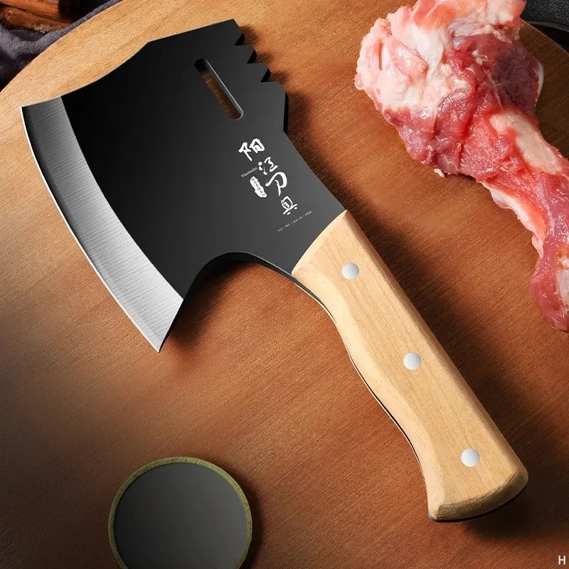 骨切り包丁 鋼製 木製ハンドル 骨切り包丁 鋼製 木製ハンドル 骨切り包丁 幅広波模様刃 木製