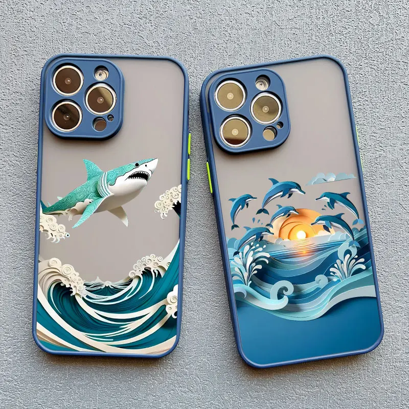 Ocean Adventure Marine Life Phone Case featuring Sharks and Dolphins with Blue Sea Waves Design