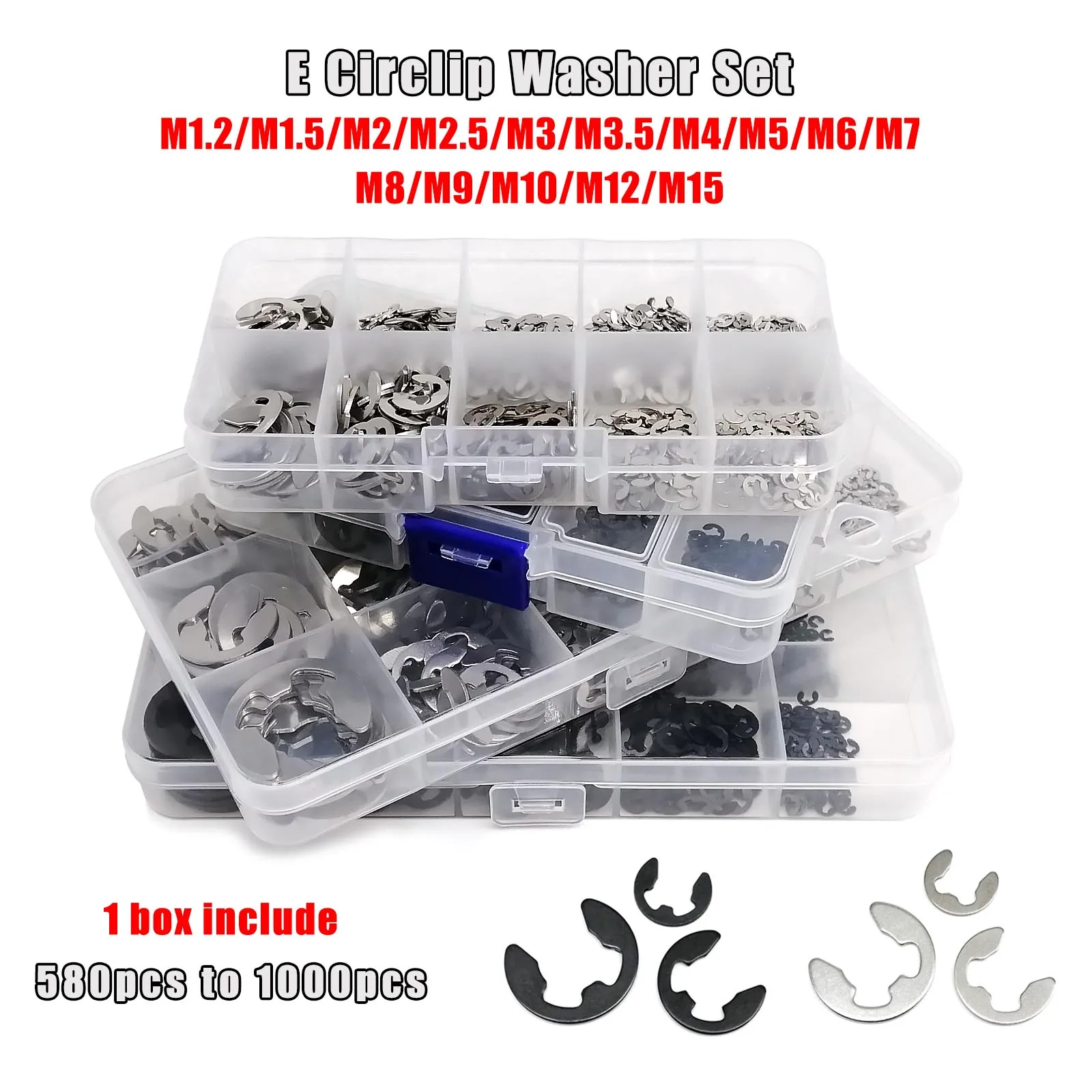 Mix M1.2 M1.5 M2 M2.5 M3 M4 M5 M6 M8 M10 M12 M15 E type Circlip Shaft Bearing External Retaining Ring Snap Washer Set Kit 1 Box retaining ring set