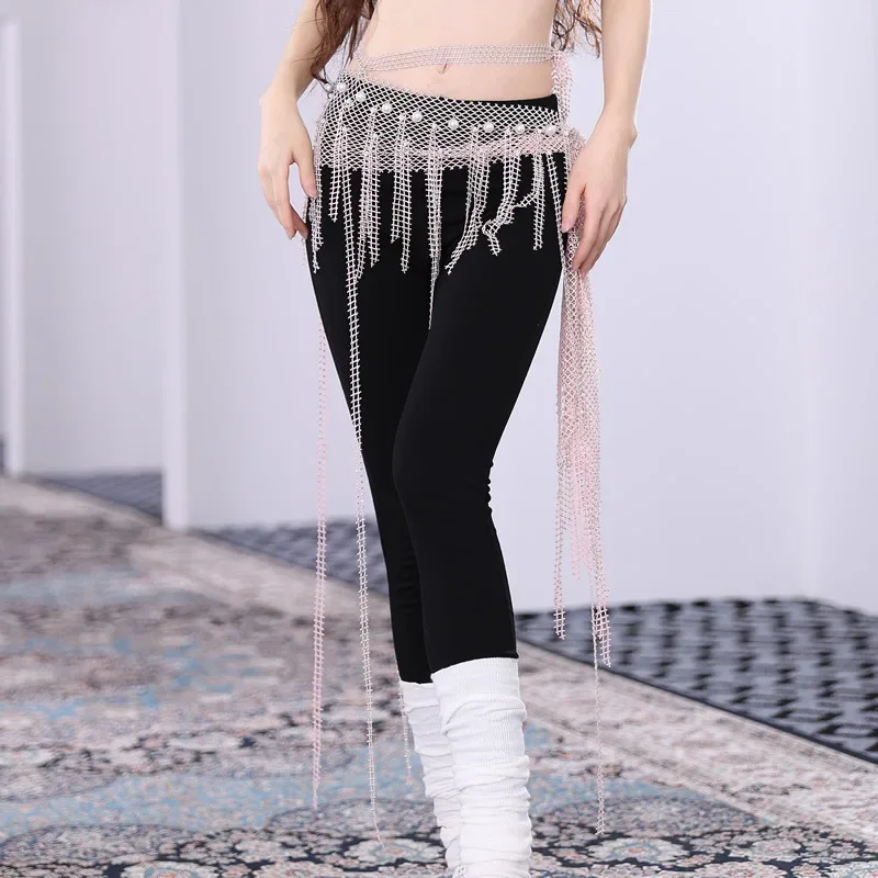 

Belly Dance Triangle Mesh Diamond Hip Scarf Multi Layer Tassel Hot Drill Long Waist Chain Female Bellydance Team Practice Clothe