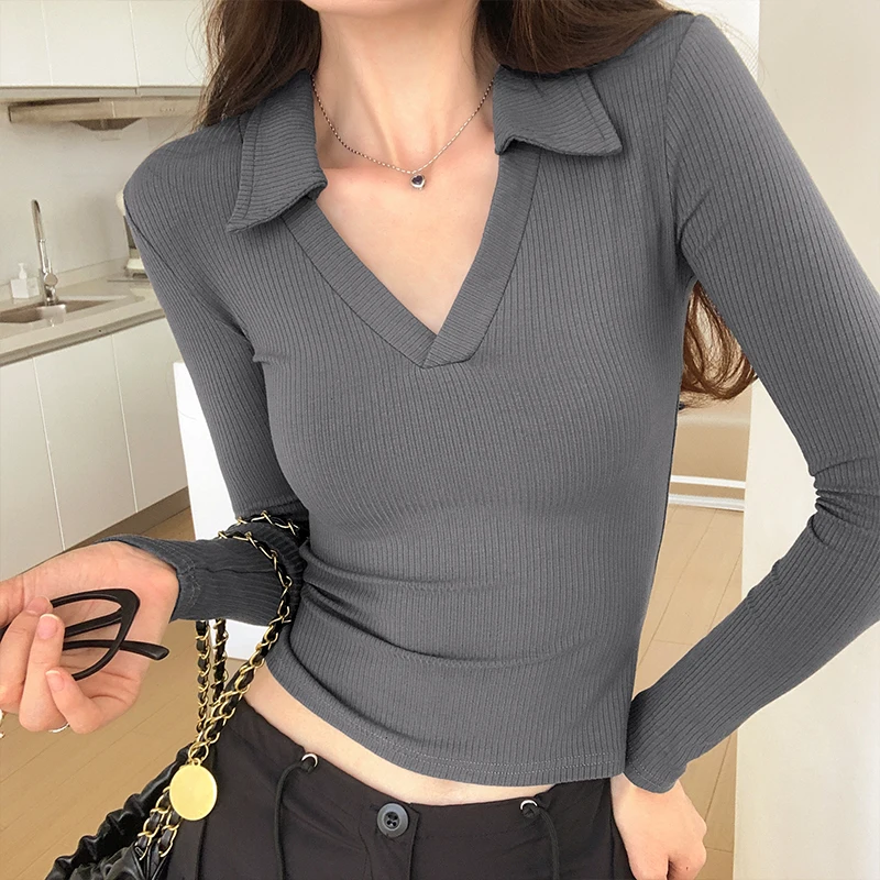 

Однотонная облегающая женская футболка с V-образным вырезом и длинным рукавом, осенняя пикантная универсальная простая вязаная офисная Модная элегантная женская футболка