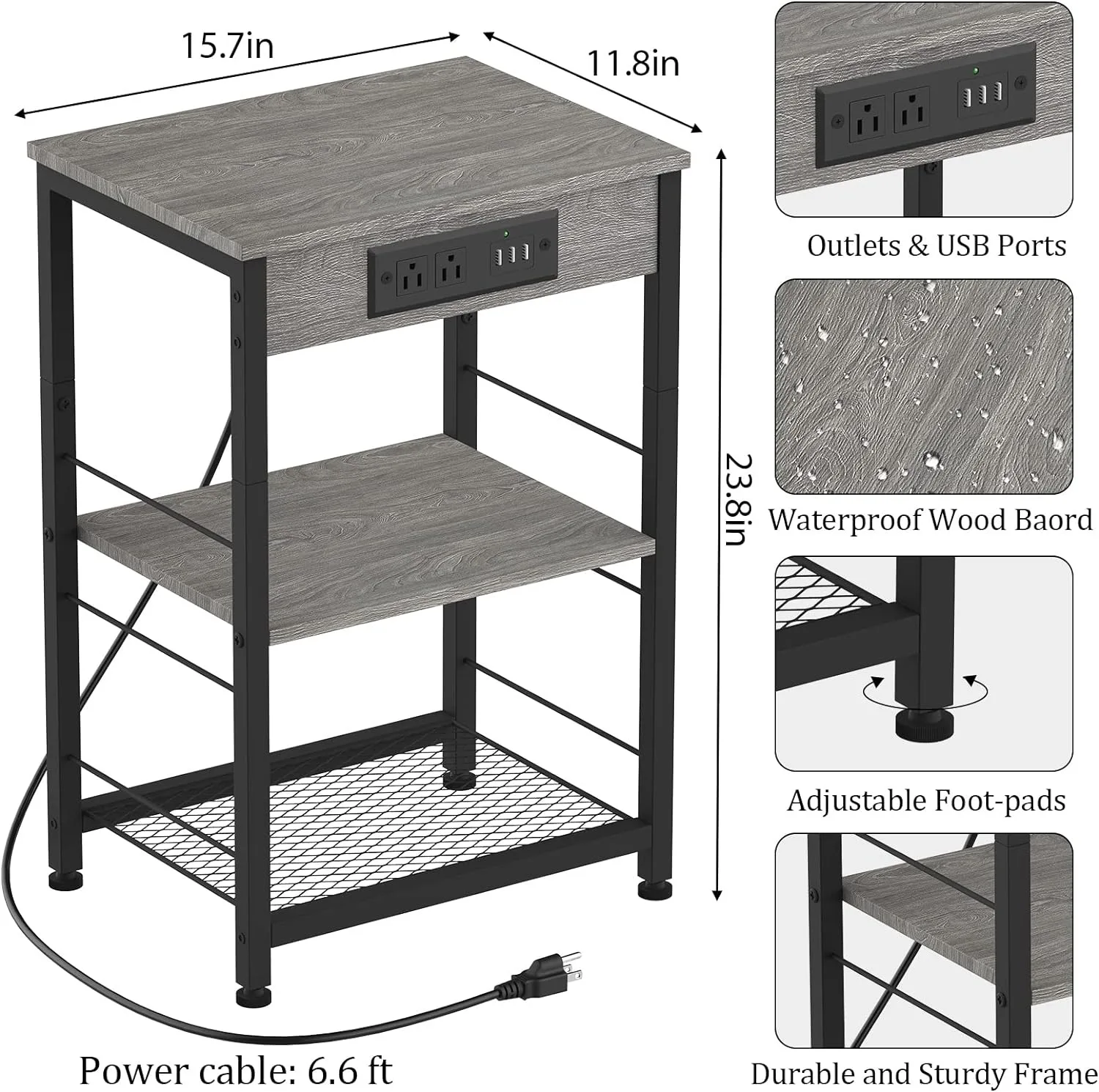 Bedside table with charging station, 3-story side table with USB port and socket, side table with living room with storage rack 2