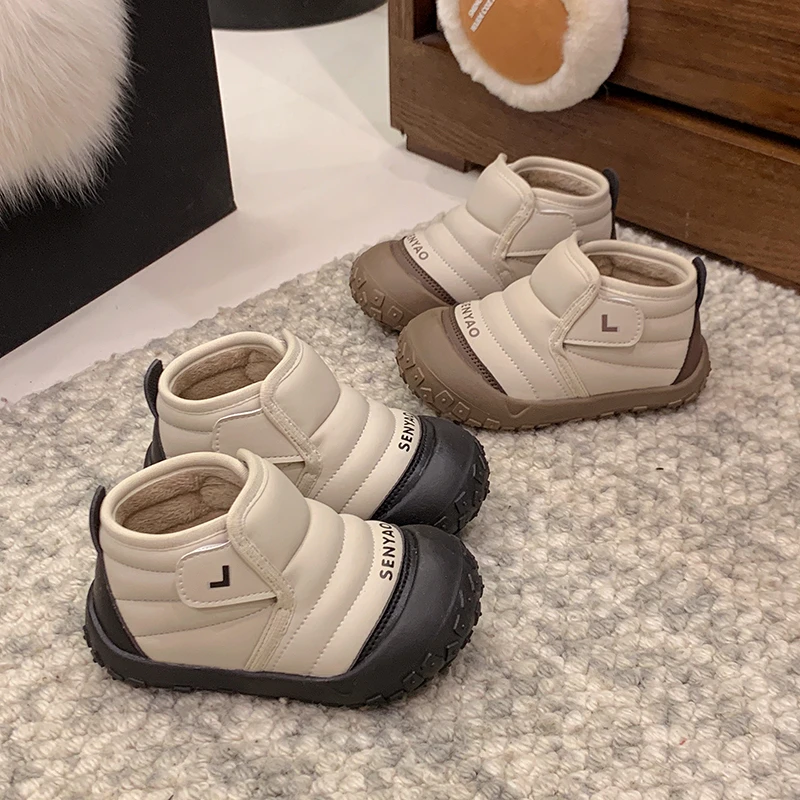 Baby Autumn/Winter Fashionable Round Toe Plus Velvet Soft/Warm Cute Thick-soled Short Boots Kids Lightweight One-piece Snow Boot