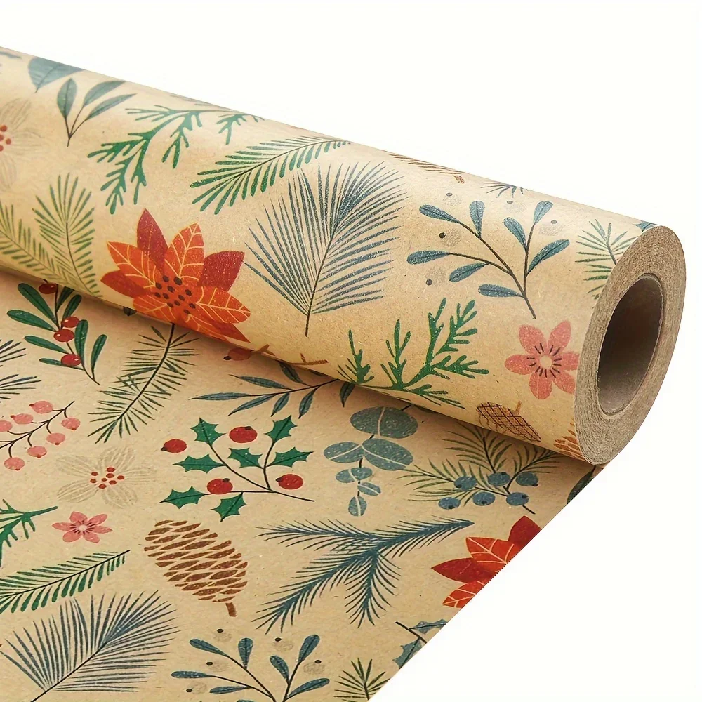 Christmas Gift Wrapping Paper, Dreamy Flower and Leaf Patterns, Vintage Kraft Paper Gift Paper, Pine Cone, Tree, Reindeer Design