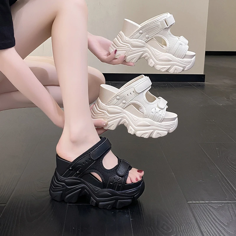 New Summer Platform Mesh Slippers Women's Hook Loop Sandals 2023 New 11CM Wedges High Heels Open Toe Breathable Beach Flip Flops