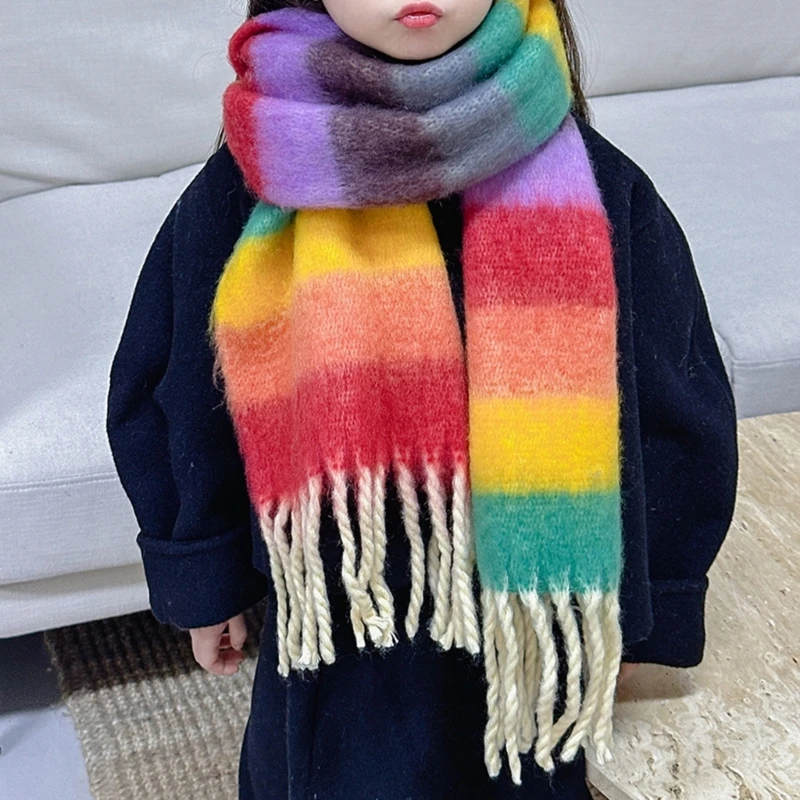 Colorful Striped Kids Scarf with Tassels, Soft & Comfortable Neckerchief Warm Winter Accessory for Boys Girls 3-12Y X90C