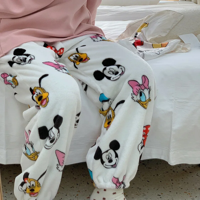 Anime Disney Pajama Pants Kawaii Mickey Mouse Plush Home Pants Cartoon Minnie Coral Velvet Warm Leisure Pajama autumn pants