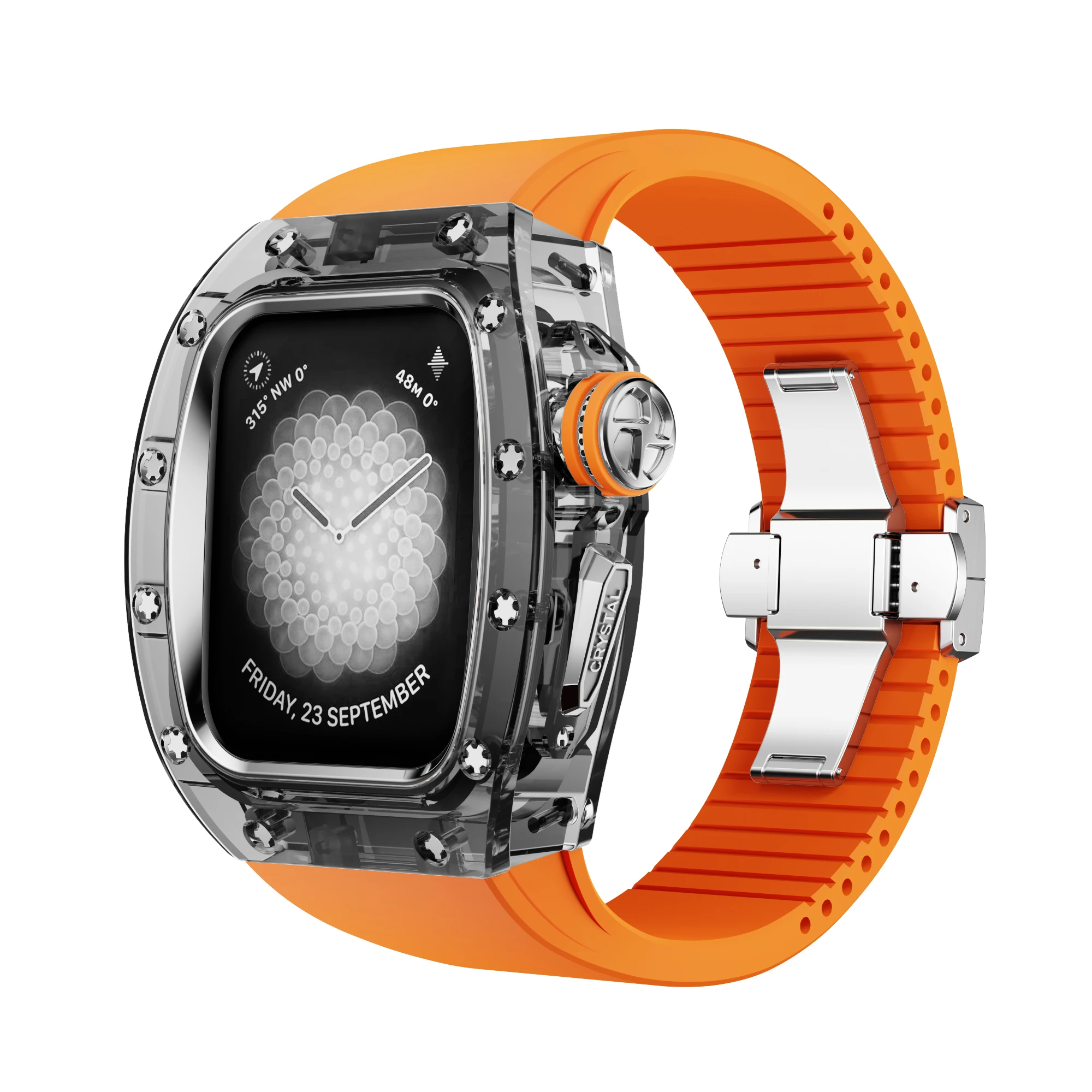 애플 워치용 Viton 스트랩 크리스탈 모드 키트, 패션 개조 케이스, 럭셔리 iWatch 시리즈 9, 8, 7, 6, 5, 4, SE, 오렌지 밴드, 44mm, 45mm