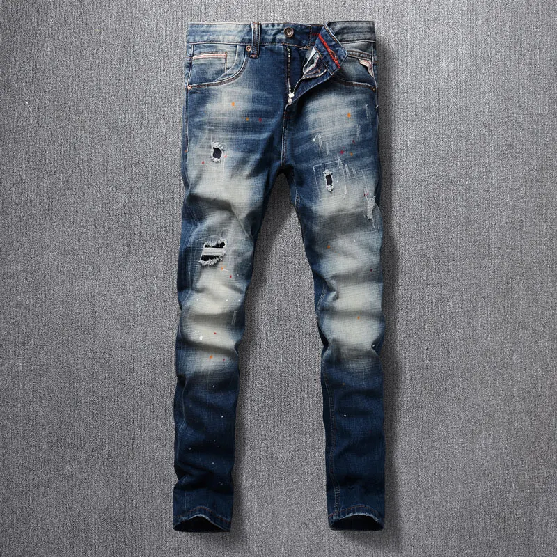 Fashion Streetwear Men Jeans High Quality Retro Washed Blue Elastic Slim Ripped Jeans Men Vintage Patched Designer Denim Pants