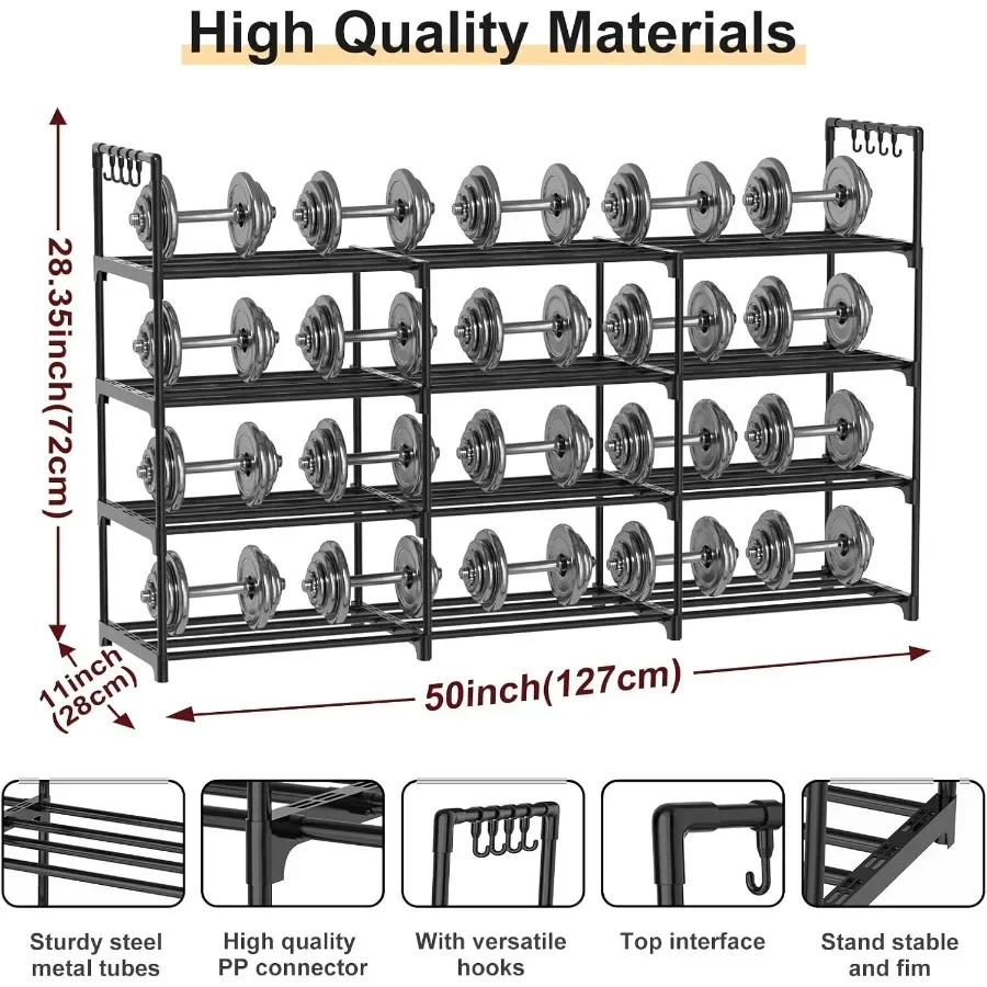 3Row 4Tier Shoe Rack Black Metal Stackable Shoe Shelf with Multifunctional Hooks Hold 2430 Pairs Space Saving Shoes Organizer f