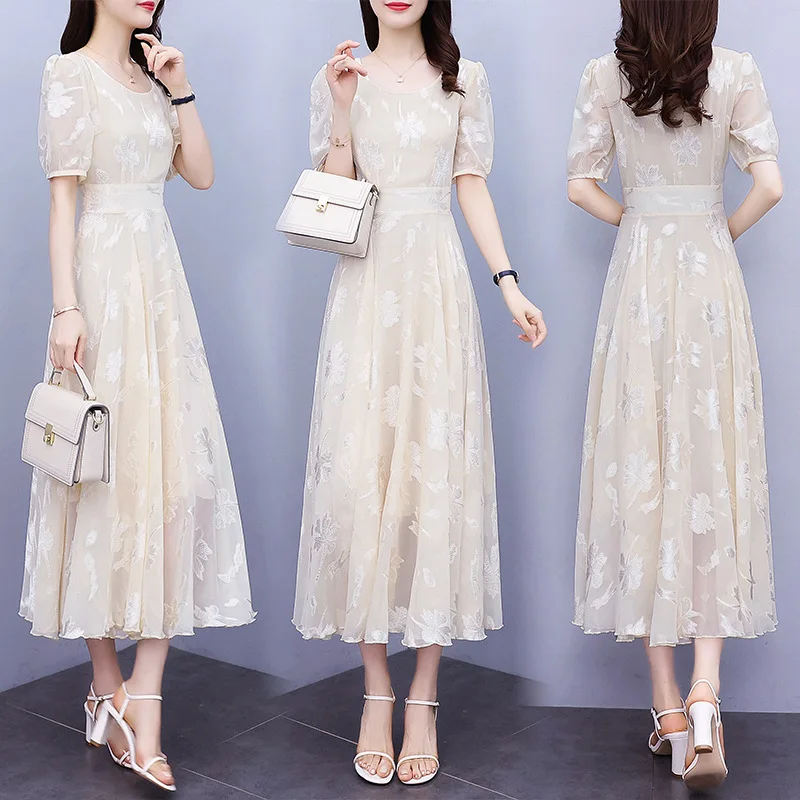 

New printed chiffon dress temperament show thin round collar accept waist to ankle posed long skirt