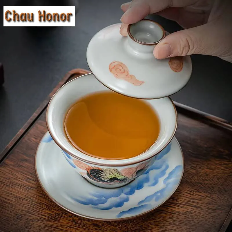 290ml Pure Handmade Ru Kiln  Gaiwan Handdrawn Dargon Phoenix Tea Bowl Tea Tureen Tea Maker Cover Bowl Teaset Supplies Collection