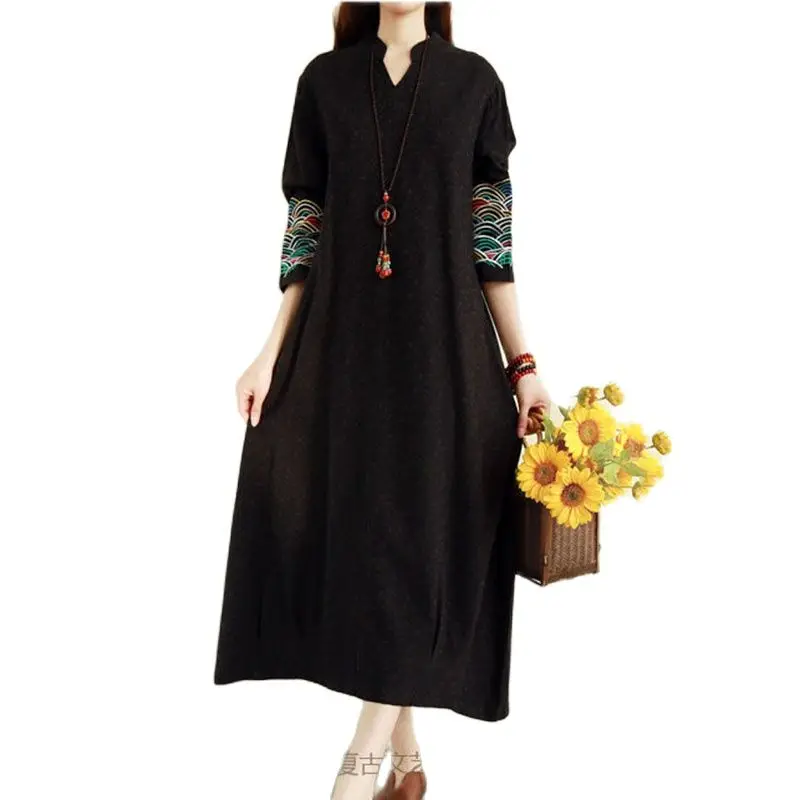 

Retro National Style Cotton And Linen Fashion Dress Autumn Long Literary Wild Embroidery Temperament Loose Mori Long Skirt Femal