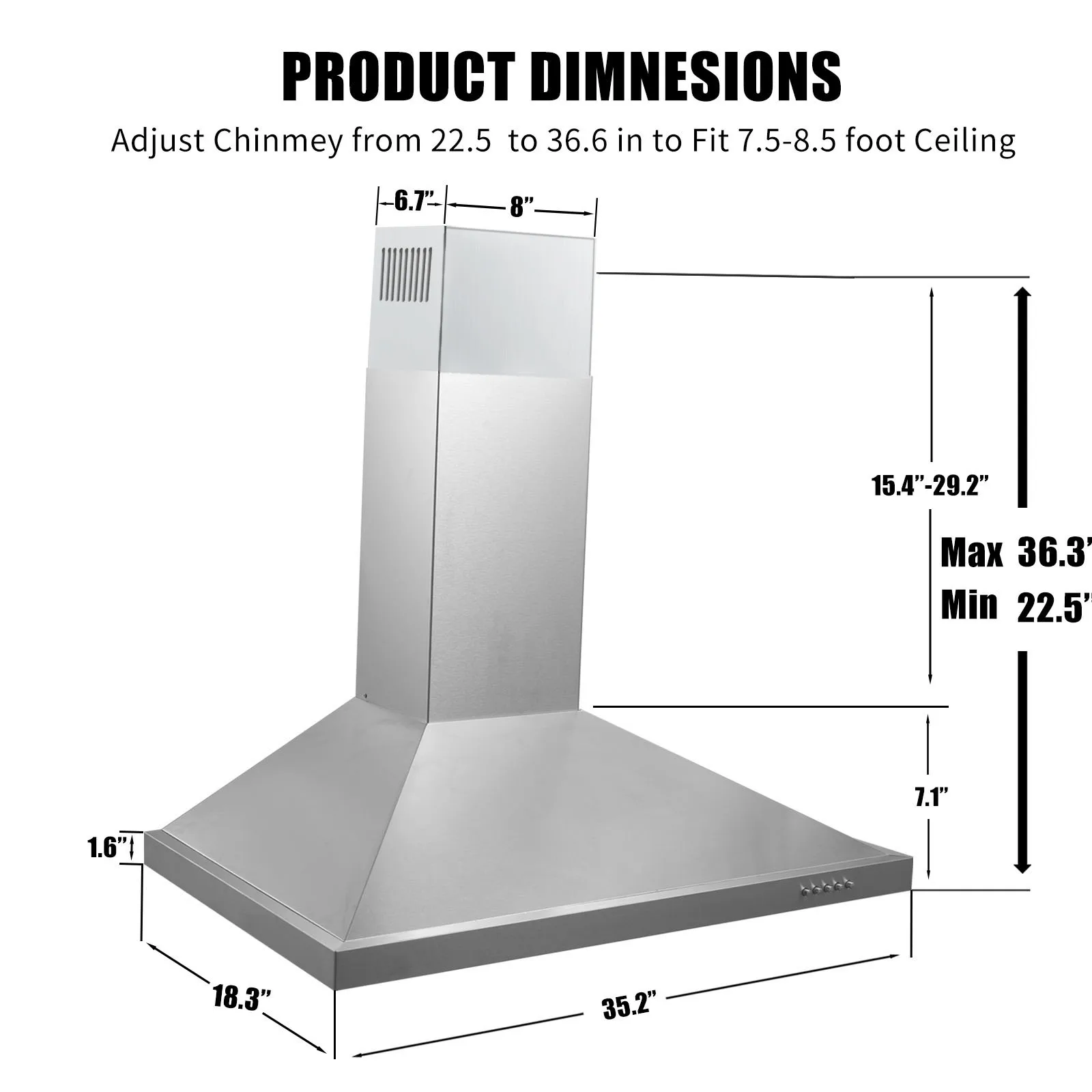 Tieasy 36 Inch 450CFM Wall Mount Ducted / Ductless Convertible Push Button Permanent Filters Led Lights Range Hood ZMG-0190B 6