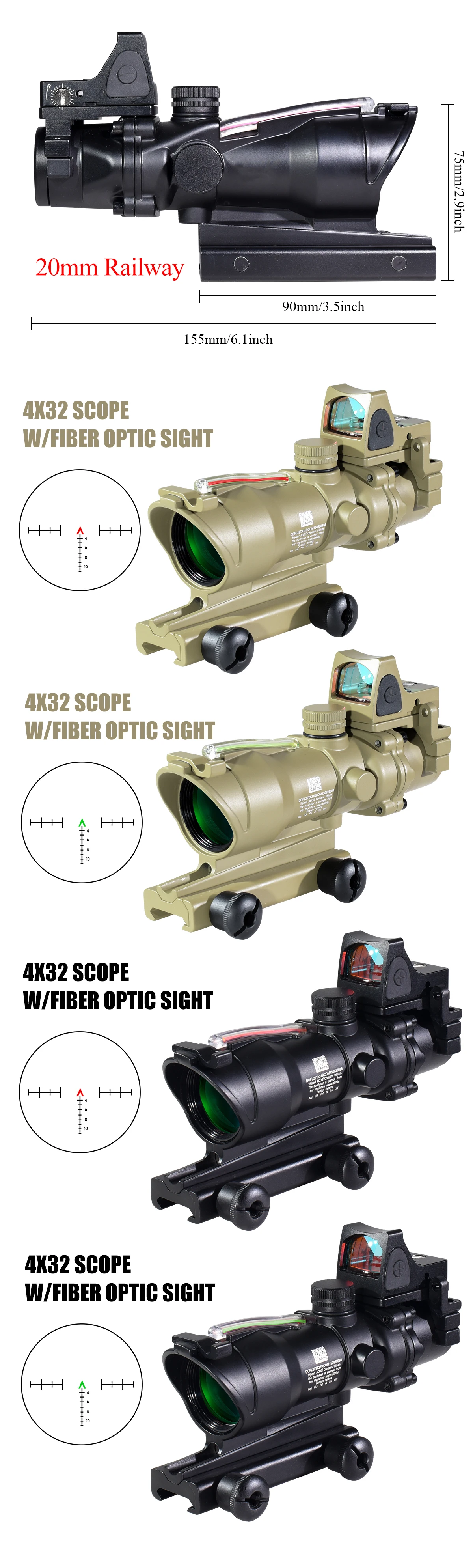 Description Picture 3 of item4X32 Red Dot Real Fiber Optics Sight with Red Green Dot Illuminated RifleScope Etched Reticle Reflex Hunting Scope