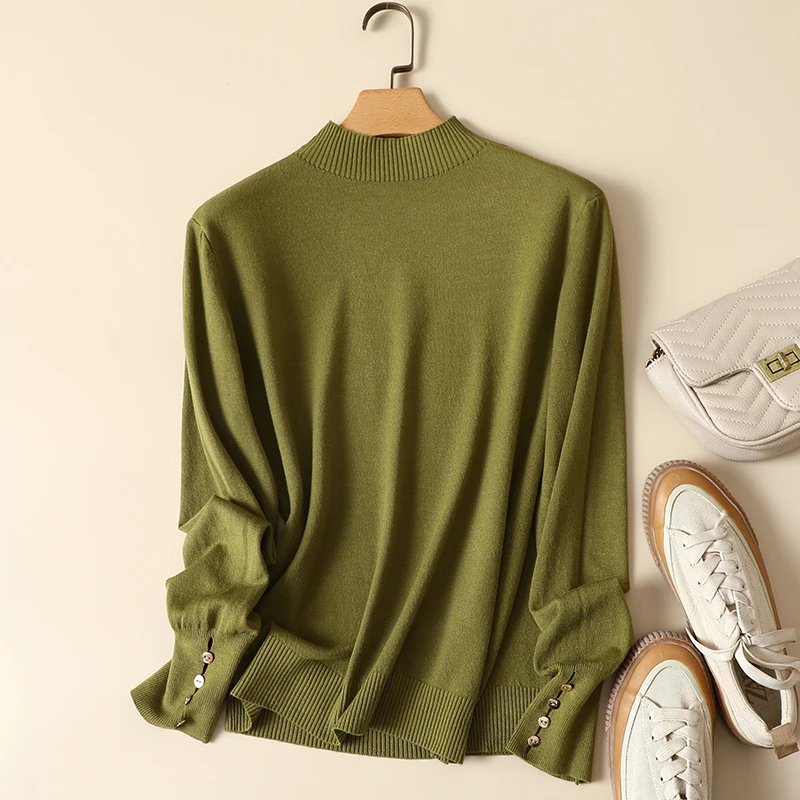

Mock Neck Knitted Women Sweater Pullovers Autumn 2022 Solid Elastic Elegant Female Pulls Outwear Top Quality