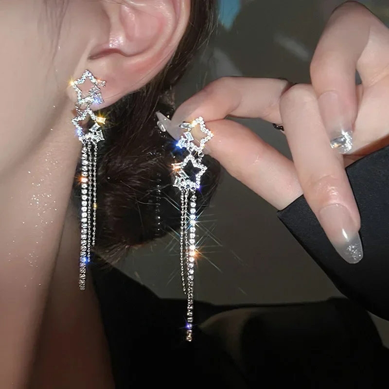 

Korean Y2k New Star Pendant Tassel Earrings for Women Summer Trendy Silver Zircon Opening Pentagram Stud Earrings Gifts Jewelry
