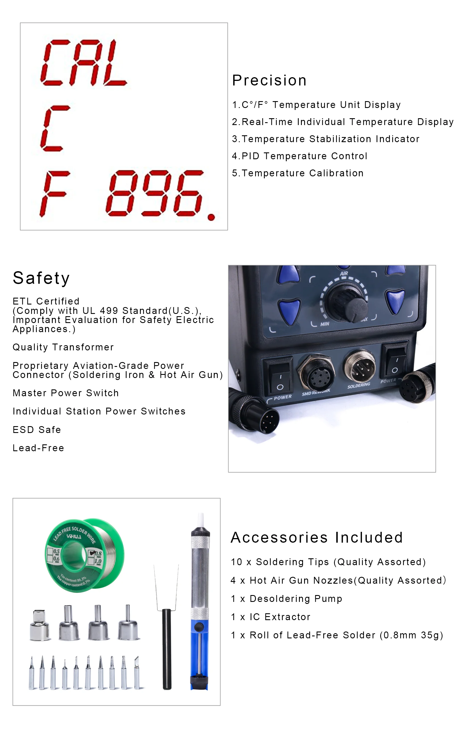 8786D 2-in-1 Soldering & Hot Air Rework Station 740W 212-896°F PID Sleep Mode wi