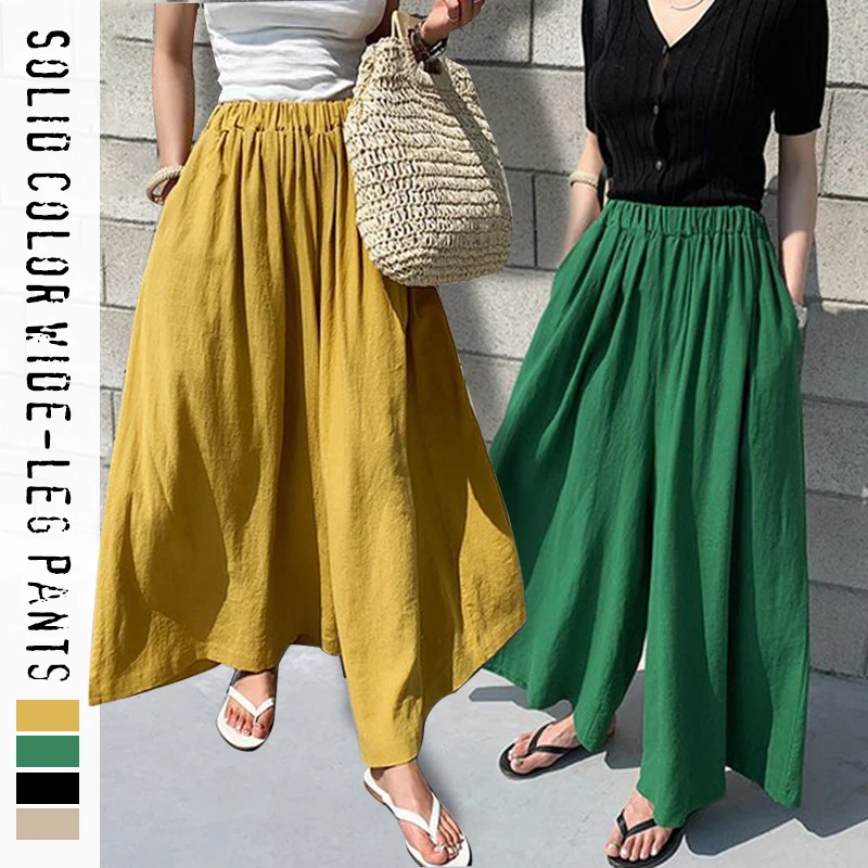Chic Summer Women Fashion Solid Color Linen Wide-leg Pants Skirts  Harajuku Baggy Trousers Polyester Casual Pants Skirts