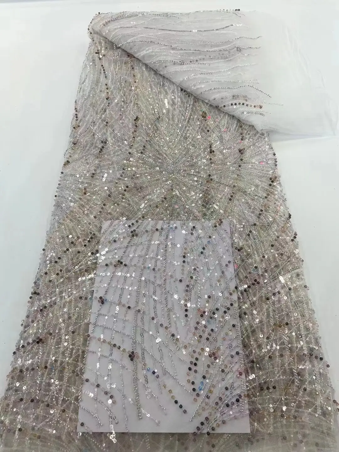 

African Sequence Lace Fabric ZH-1306891 High Quality Nigerian French Tulle with beads Lace Fabric For Wedding Sewing